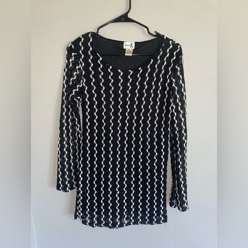 Vtg 99s Y2K sequin Shana K Black white Knit Dress/long blouse M medium